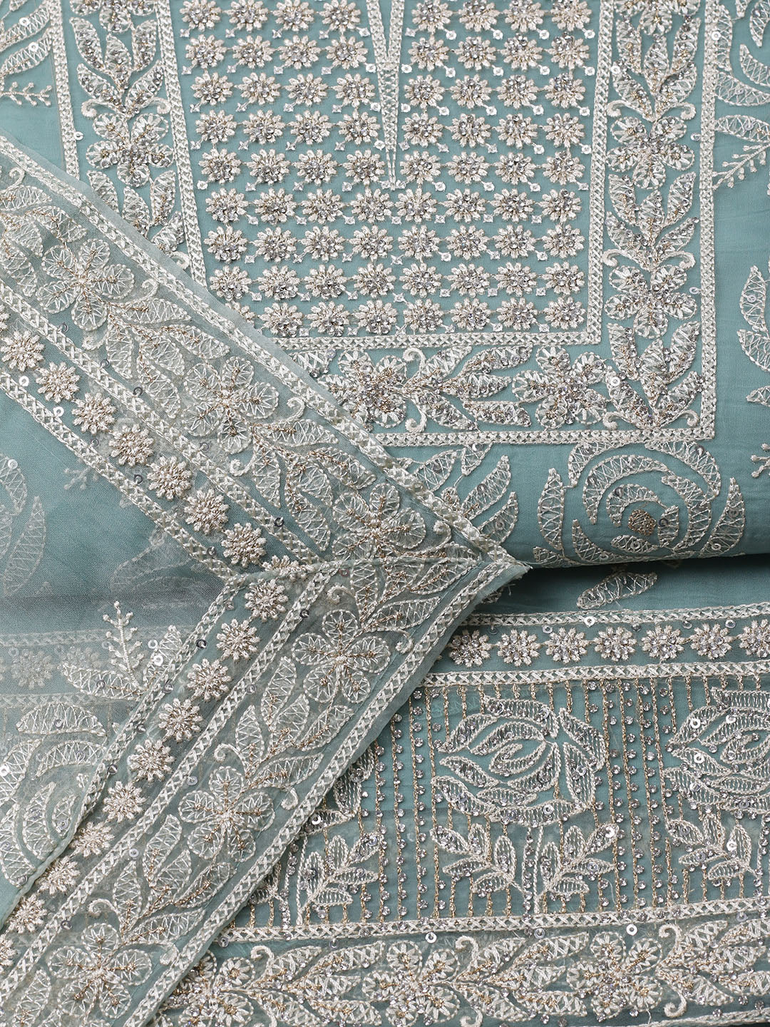 Embroidered Organza Unstitched Suit With Pant &amp; Dupatta