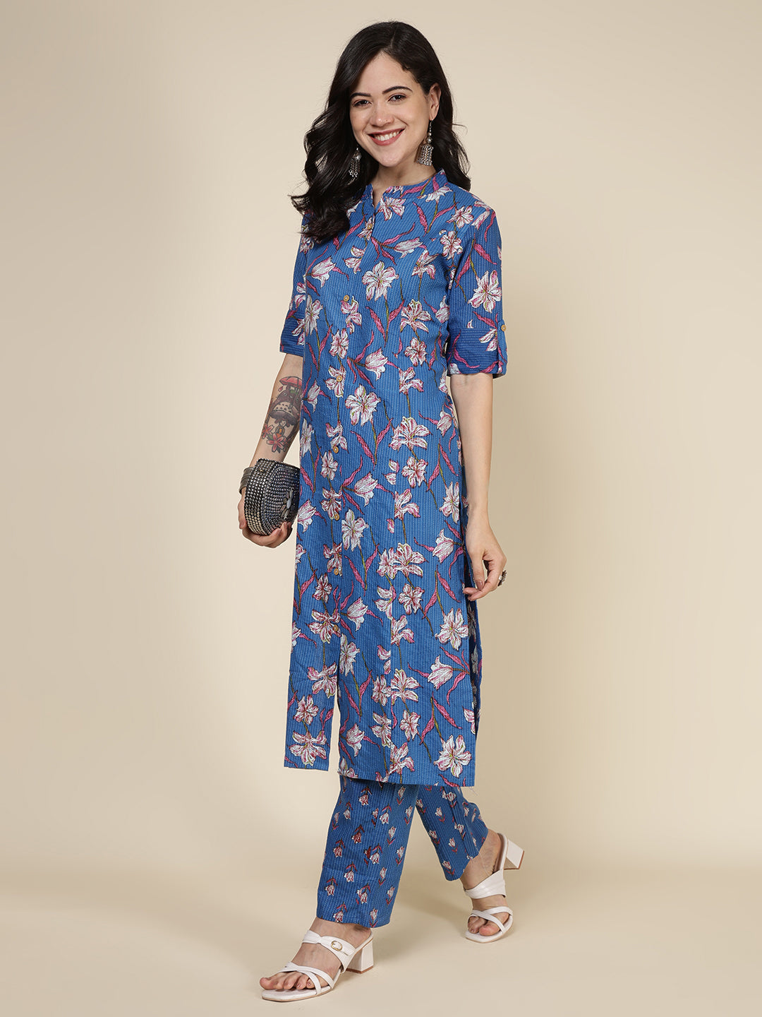 Printed Cotton Blend Kurta With Pants