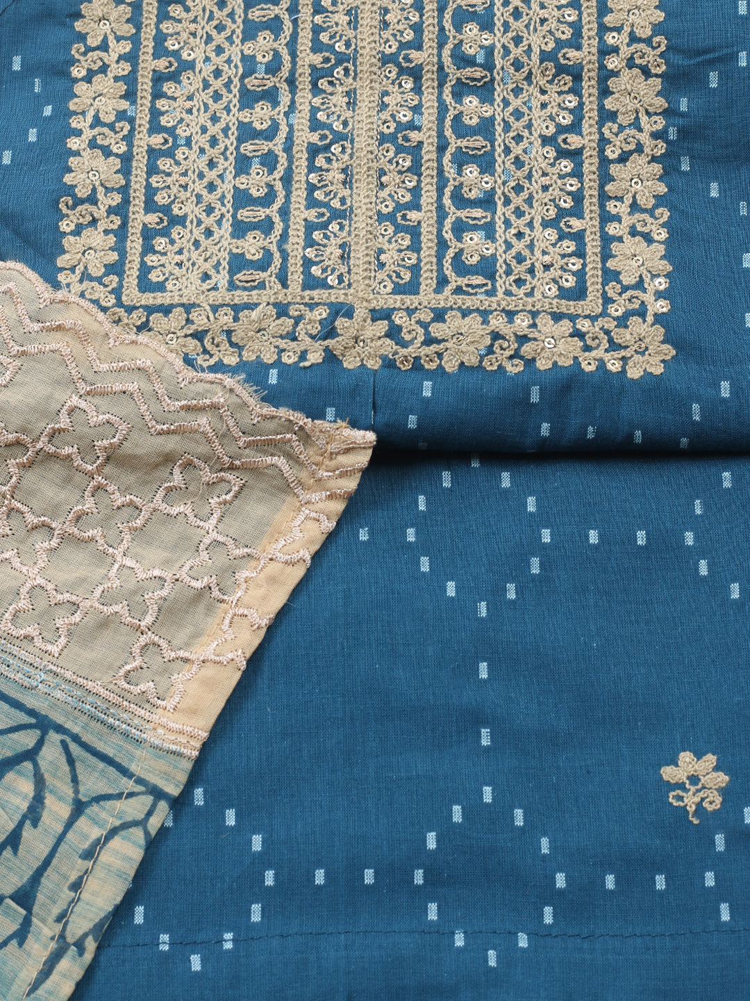 Embroidered Cotton Blend Unstitched Suit With Pant &amp; Dupatta