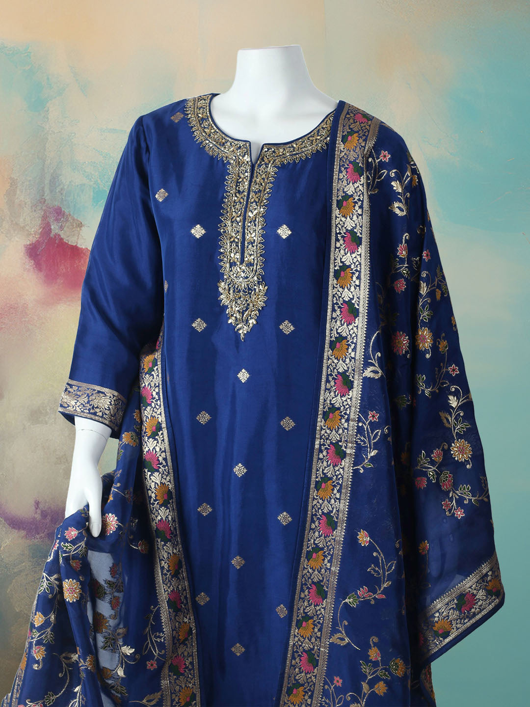 Embroidered Cotton Blend Stitched Kurta With Pant &amp; Dupatta