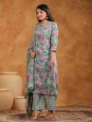 Printed Cotton Blend Kurta With Pants & Dupatta