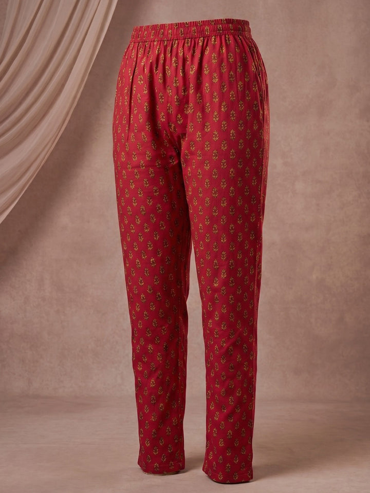 Red Embroidered Cotton Blend Straight Round Neck Suit Set
