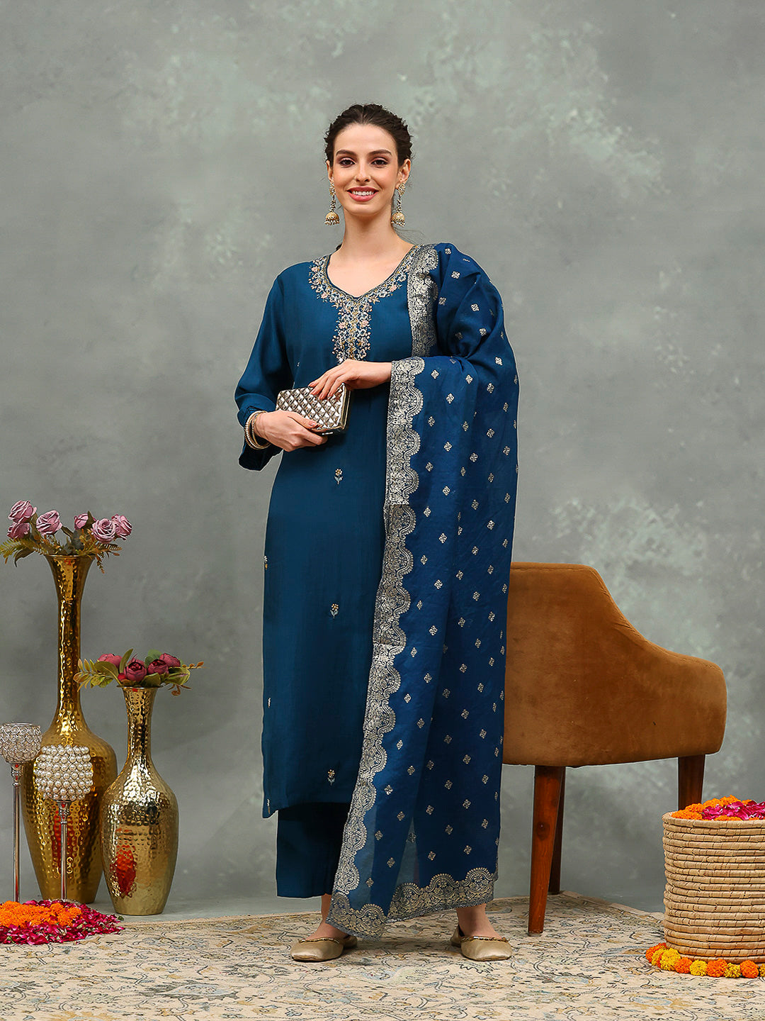 Embroidered Muslin Kurta With Pants &amp; Dupatta