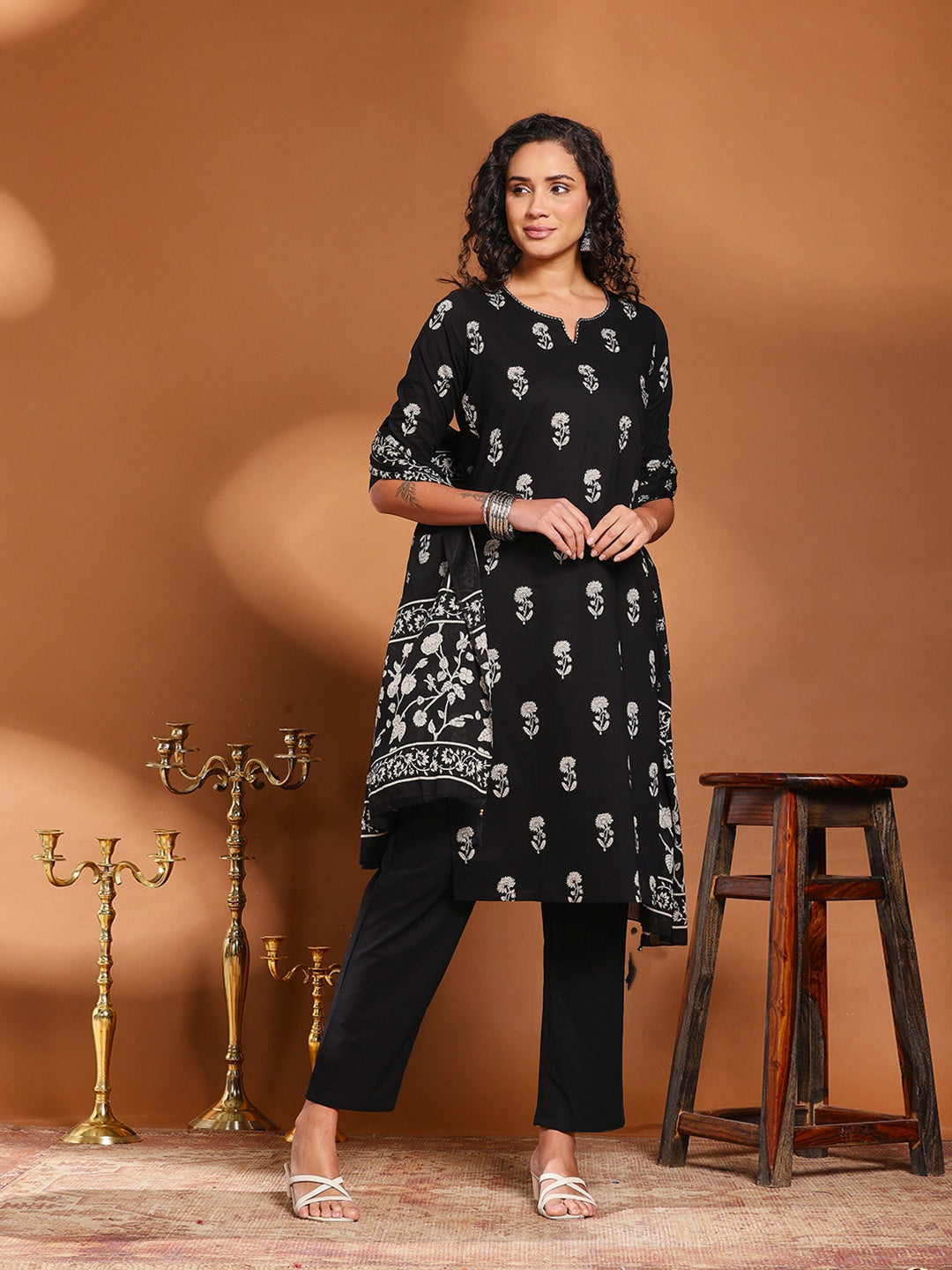 Black Cotton Blend Printed A Line Suit Set