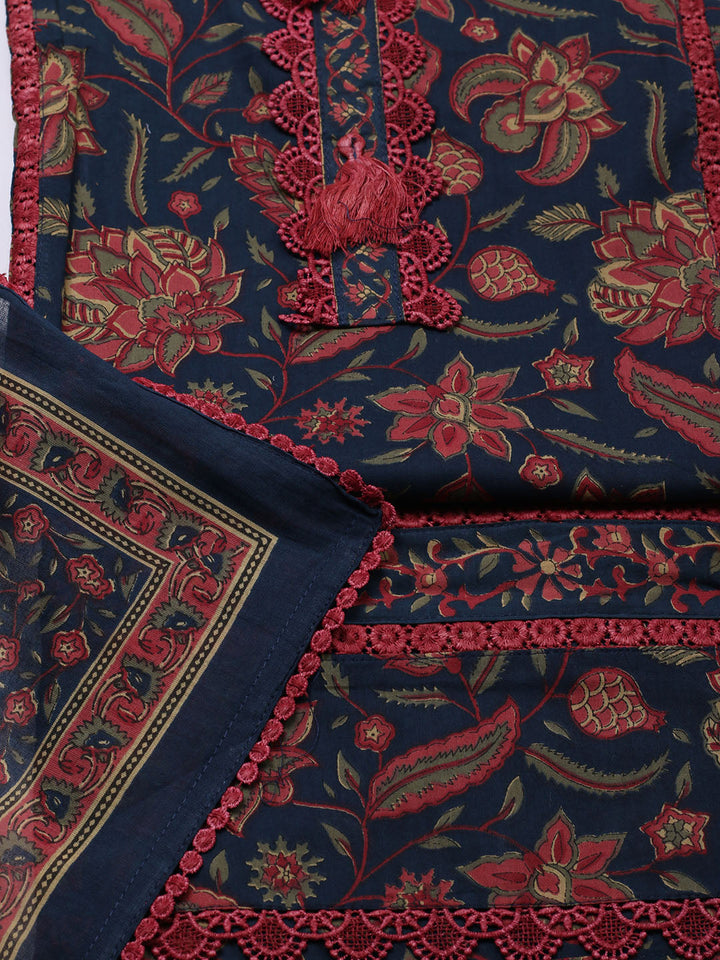 Embroidered Cotton Blend Unstitched Suit With Pant &amp; Dupatta