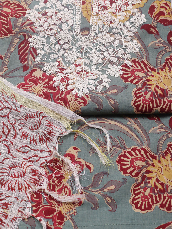 Printed Cotton Blend Unstitched Suit With Pant &amp; Dupatta