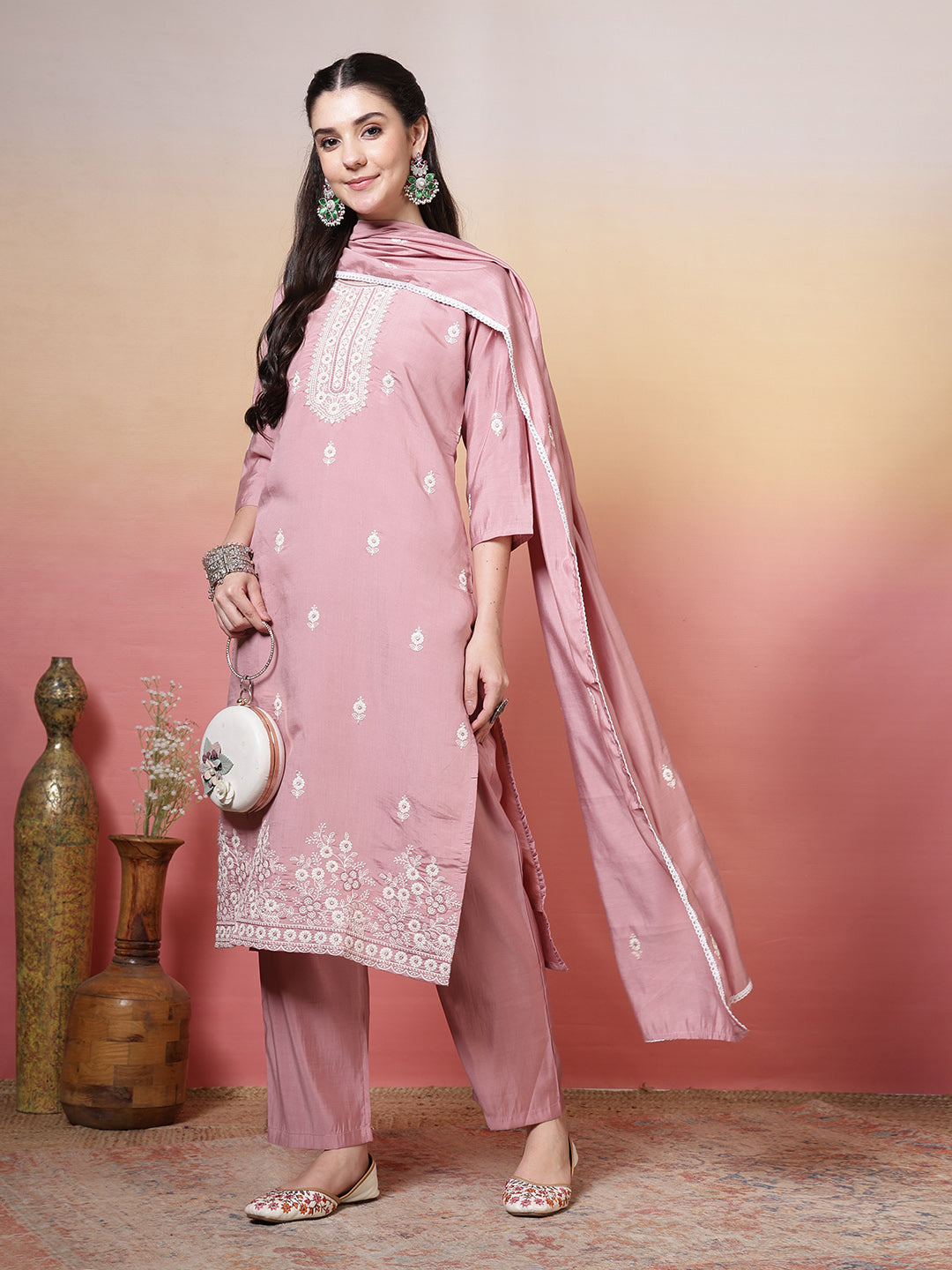 Printed Cotton Blend Kurta With Pants &amp; Dupatta