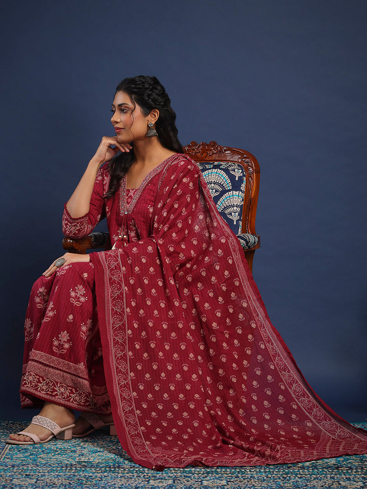 Wine Cotton Blend Printed Straight Suit Set