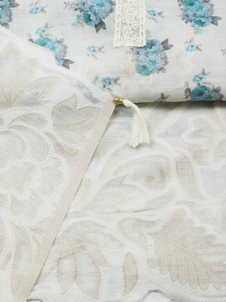 Embroidered Linen Blend Unstitched Suit With Pant &amp; Dupatta