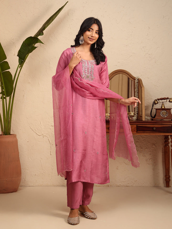 Embroidered Cotton Kurta With Pant &amp; Dupatta