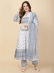 Floral Printed Cotton Kurta With Pants & Dupatta