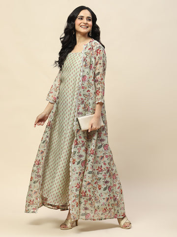 Floral Printed Cotton Gown Dress With Jacket