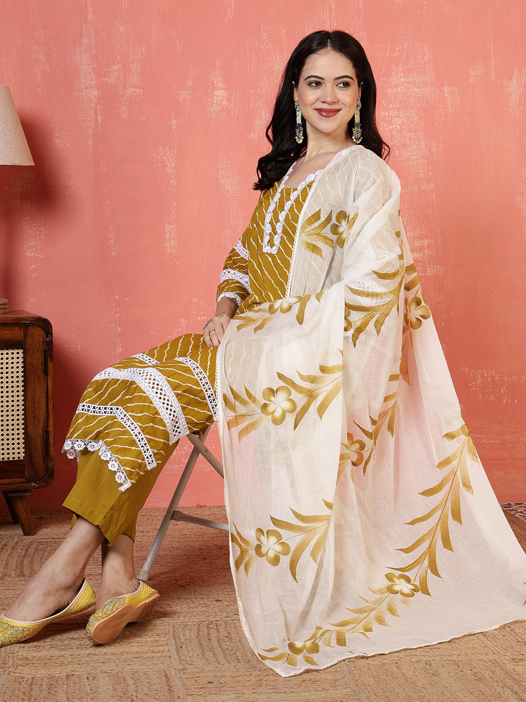 Printed Cotton Blend Kurta With Pants &amp; Dupatta