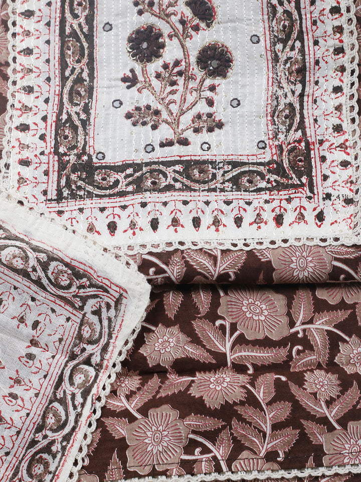 Embroidered Cotton Blend Unstitched Suit With Pant &amp; Dupatta