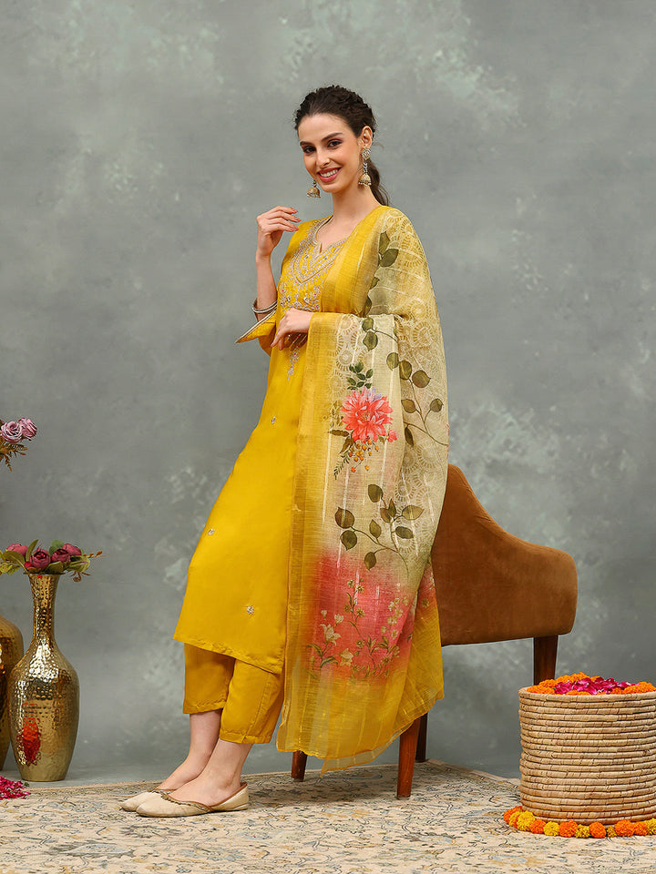 Embroidery Cotton Blend Kurta With Pants &amp; Dupatta