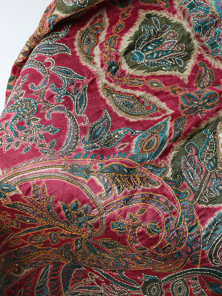 Printed Tussar Unstitched Kurta With Pant &amp; Dupatta