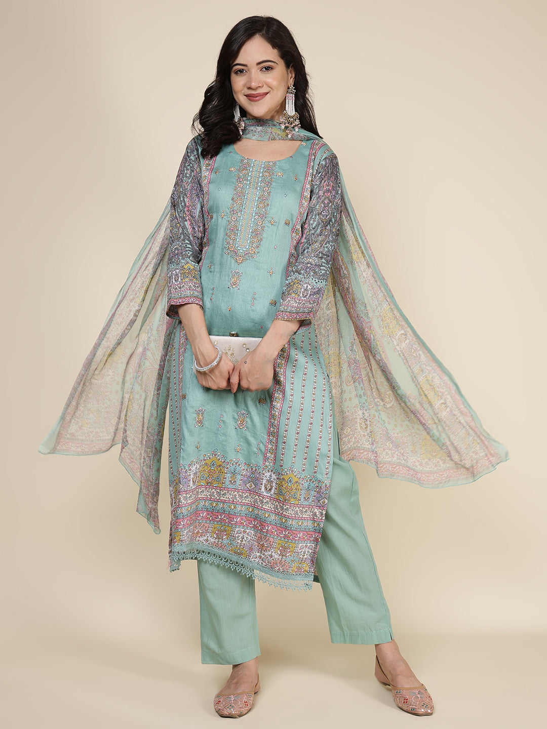 Printed Cotton Blend Kurta With Pants & Dupatta
