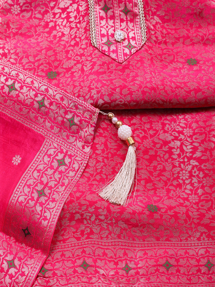 Embroidered Chanderi Unstitched Suit With Pant &amp; Dupatta