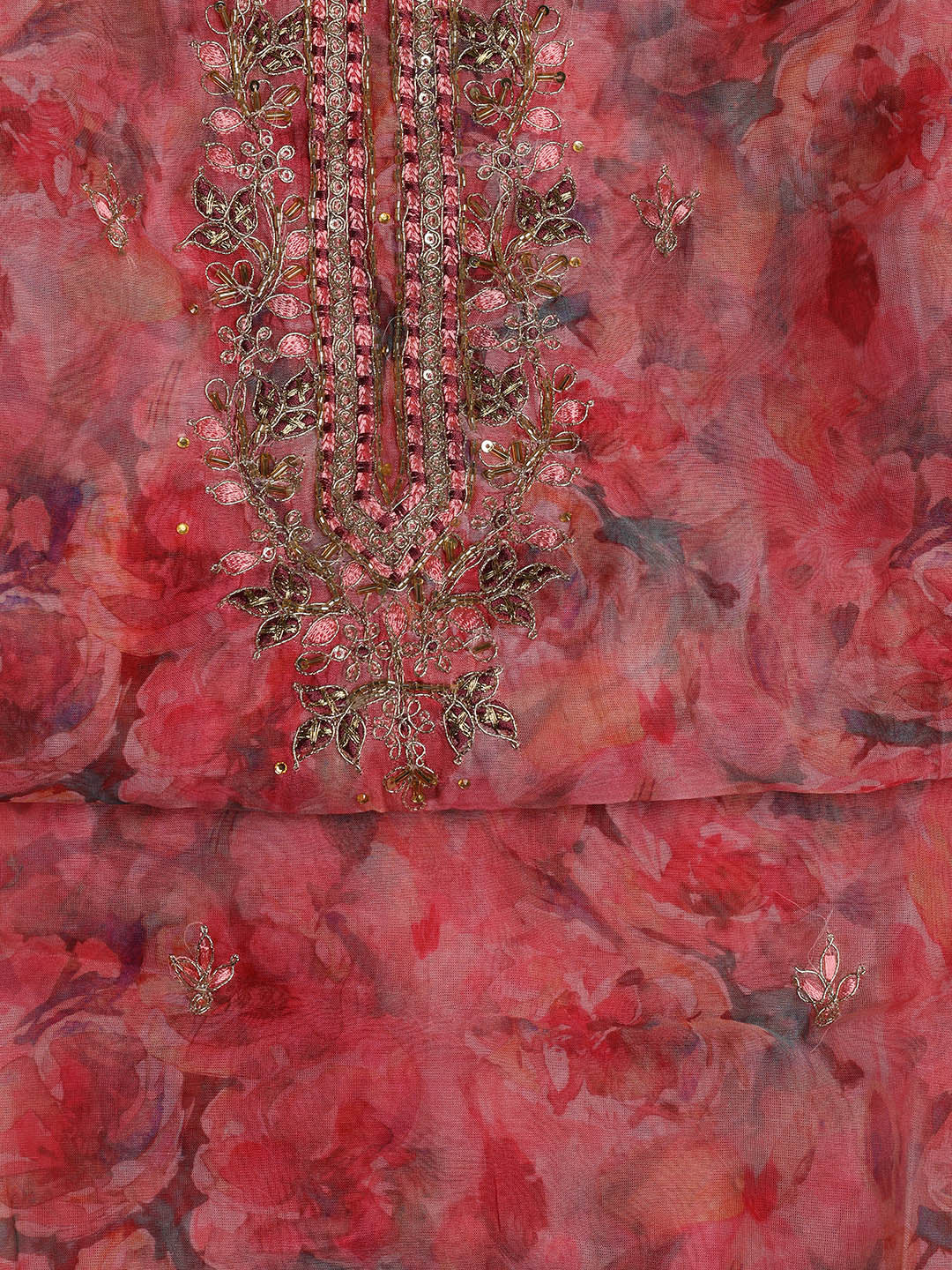 Neck Embroidered Organza Unstitched Suit With Dupatta