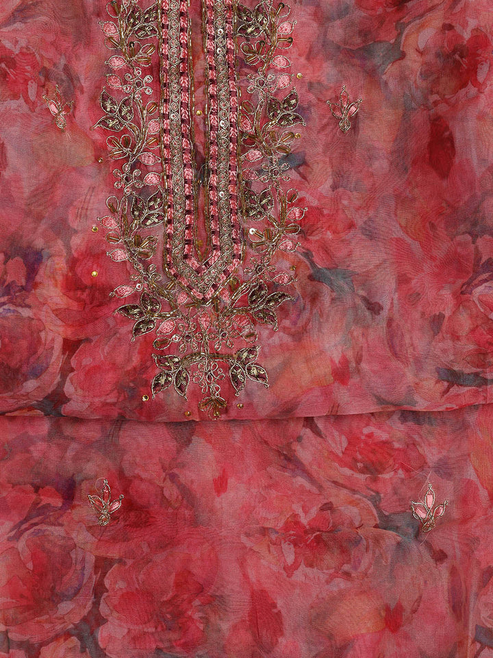 Neck Embroidered Organza Unstitched Suit With Dupatta