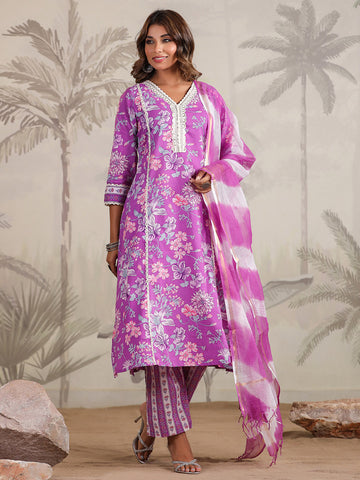 Floral Printed Cotton Blend Kurta With Pants & Dupatta