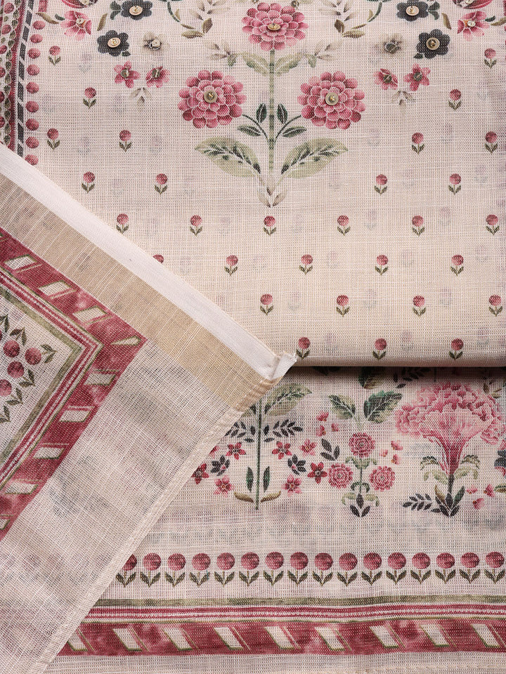Printed Linen Blend Unstitched Suit With Pant &amp; Dupatta