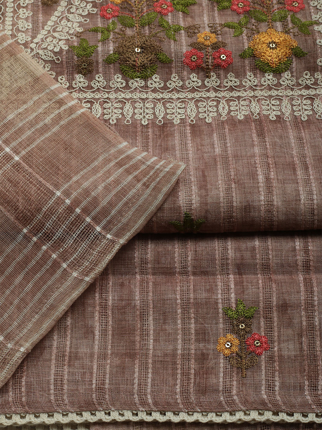 Embroidered Linen Unstitched Kurta With Pant & Dupatta