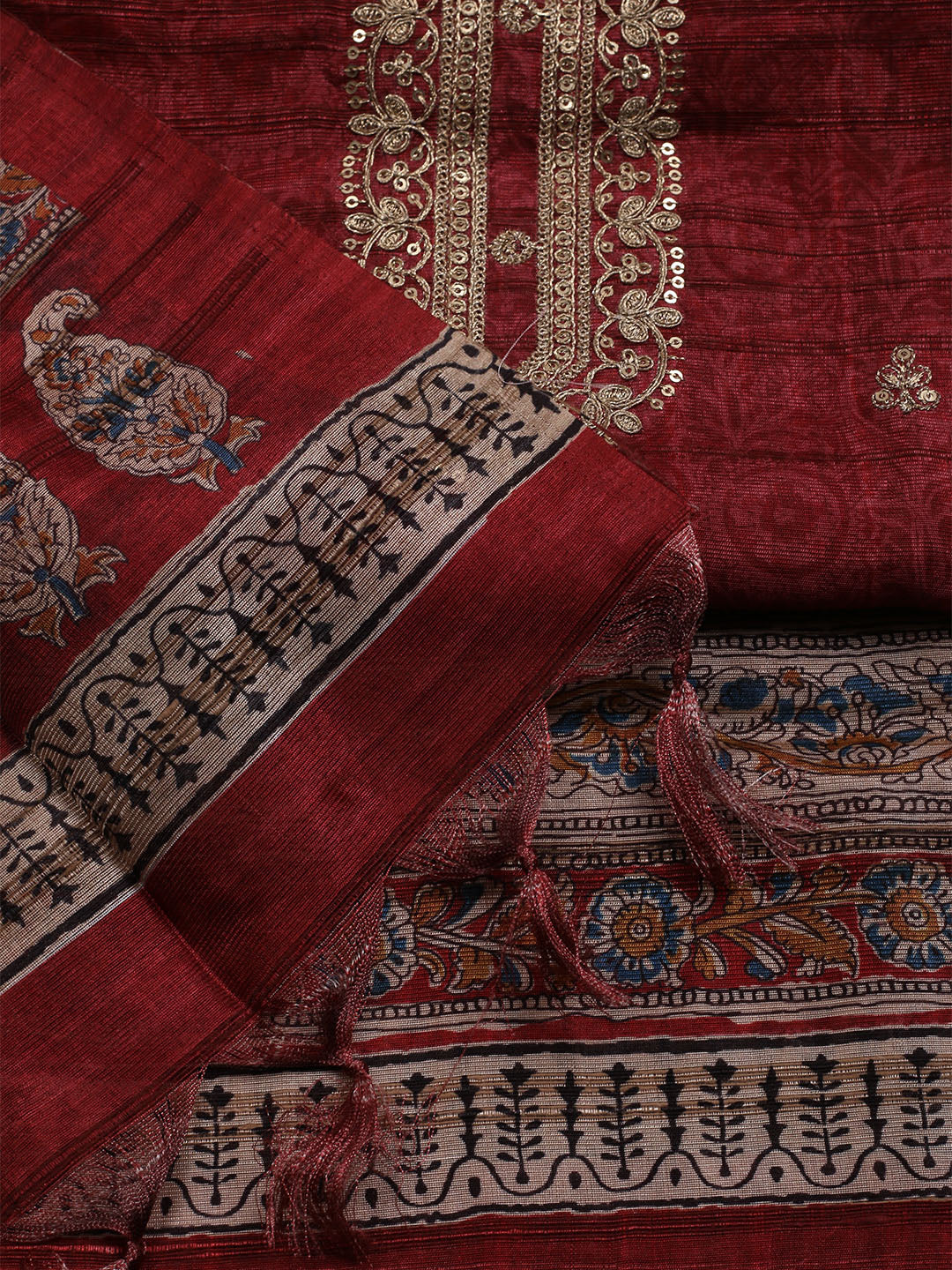 Embroidered Art Silk Unstitched Suit With Dupatta