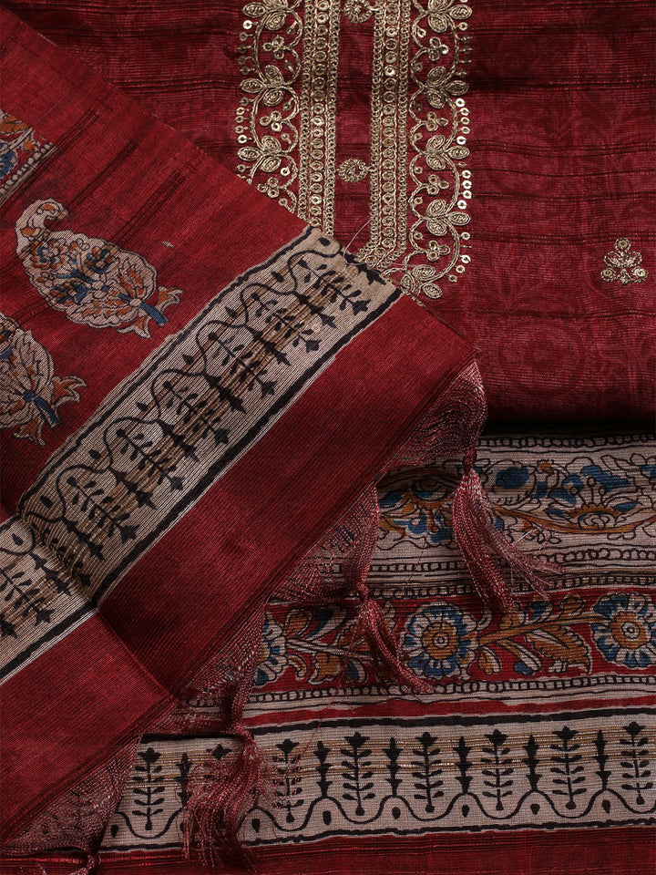 Embroidered Art Silk Unstitched Suit With Dupatta