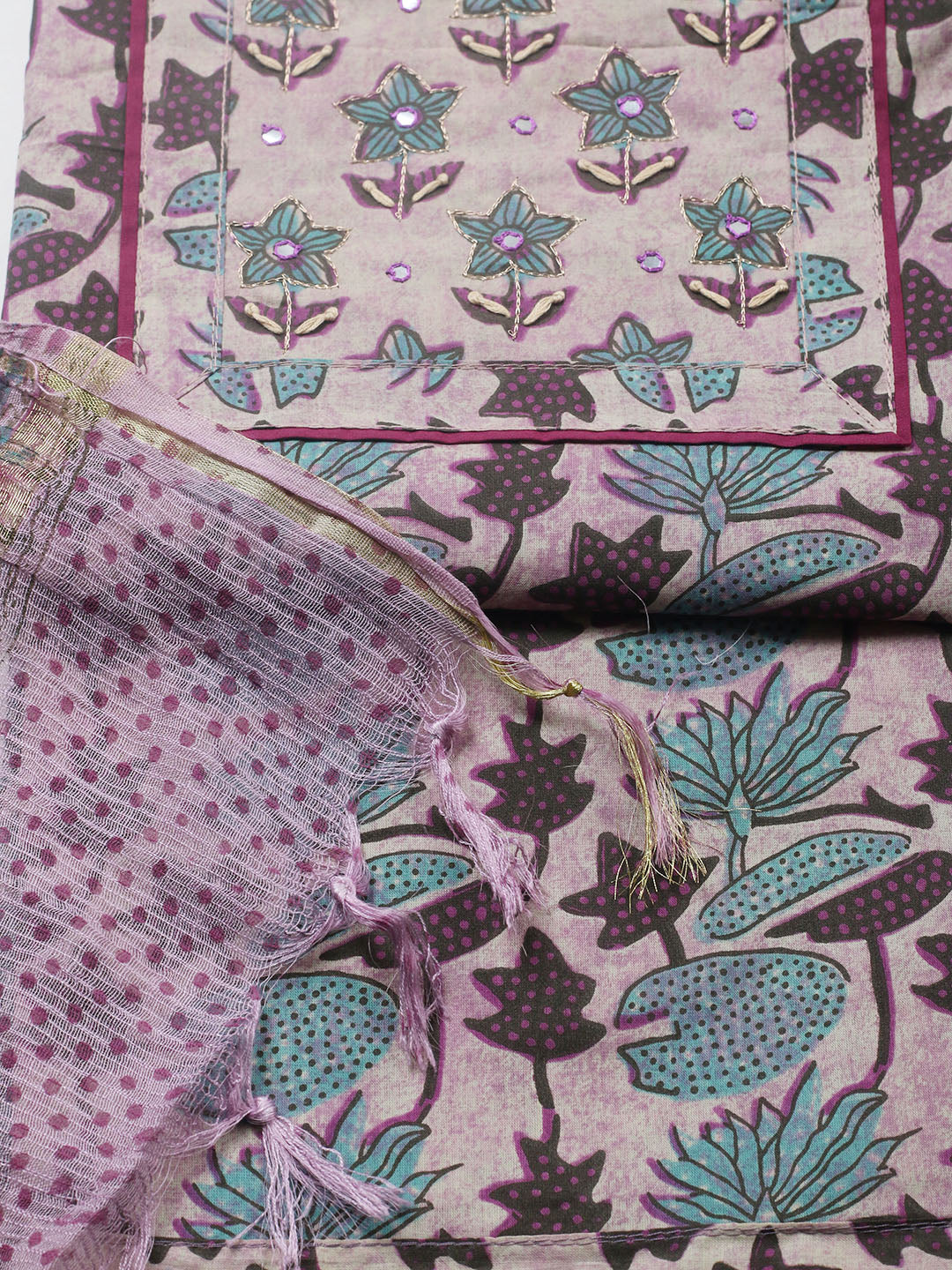 Printed Cotton Blend Unstitched Suit With Pant &amp; Dupatta