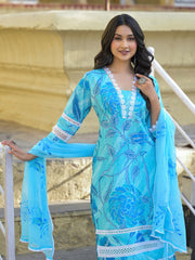 Printed Cotton Blend Kurta With Pants & Dupatta