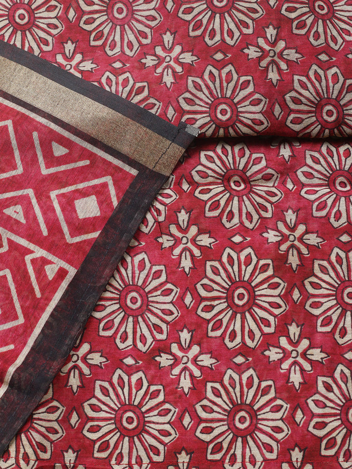 Printed Chanderi Unstitched Suit With Pant &amp; Dupatta