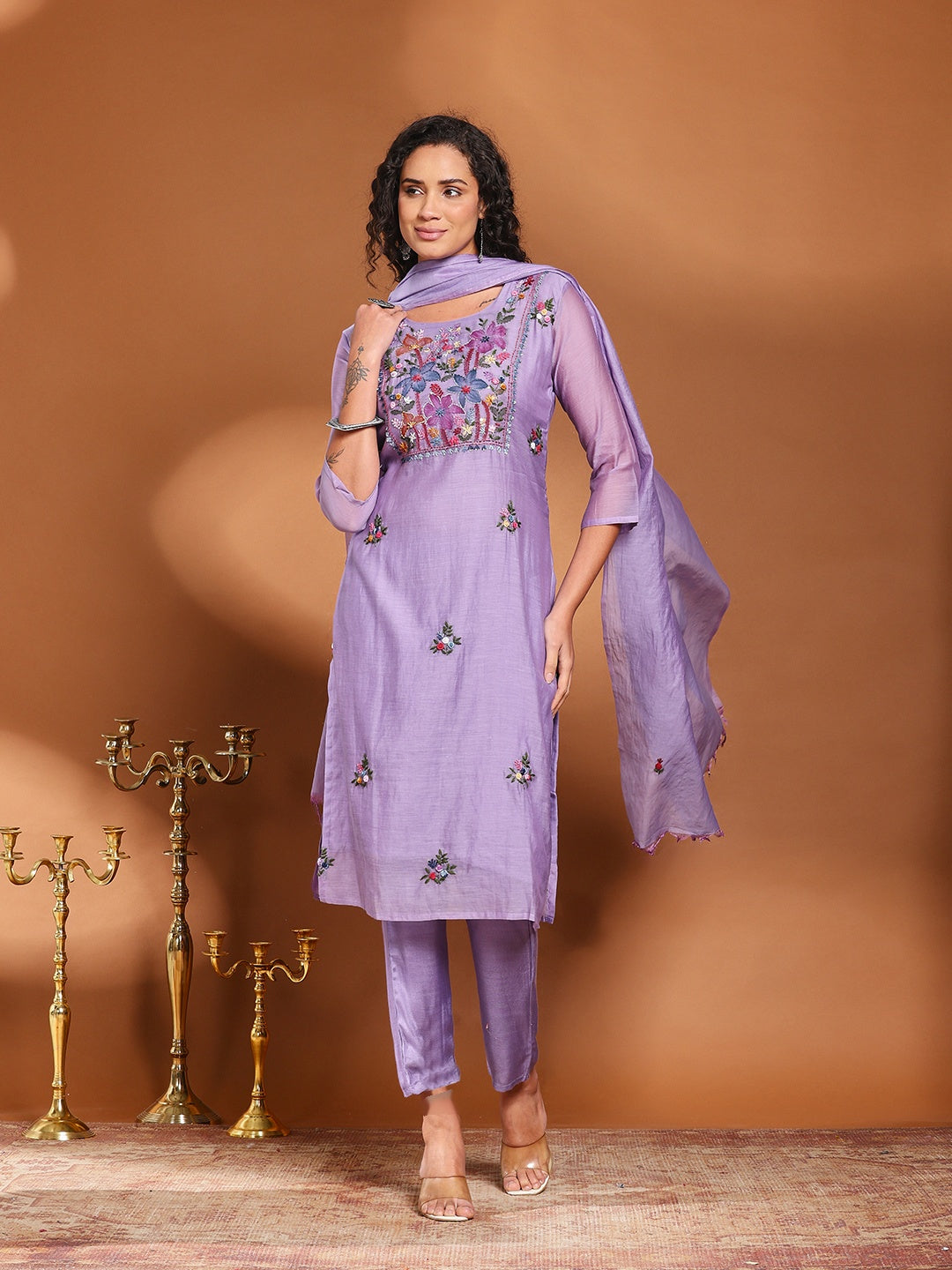Embroidered Cotton Blend Kurta With Pant &amp; Dupatta