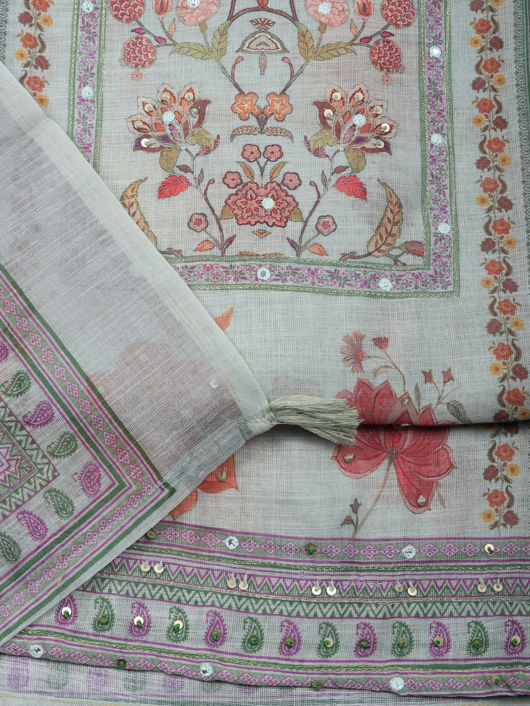 Printed Linen Blend Unstitched Suit With Pant &amp; Dupatta