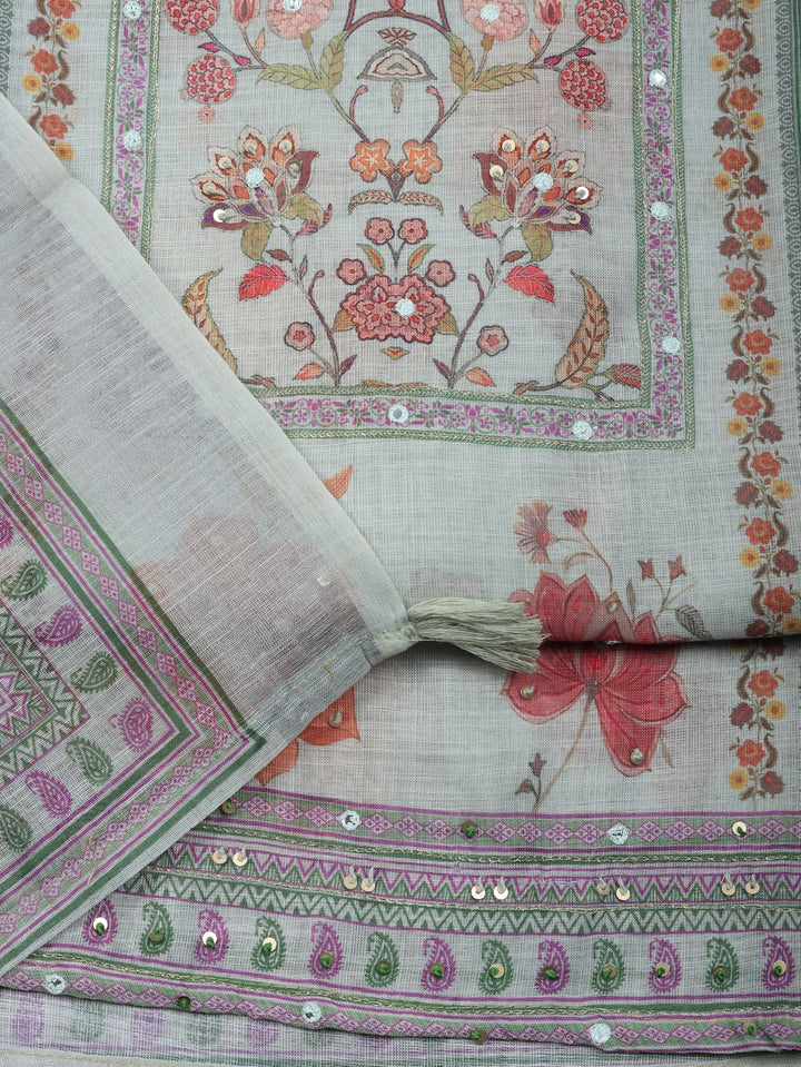 Printed Linen Blend Unstitched Suit With Pant &amp; Dupatta