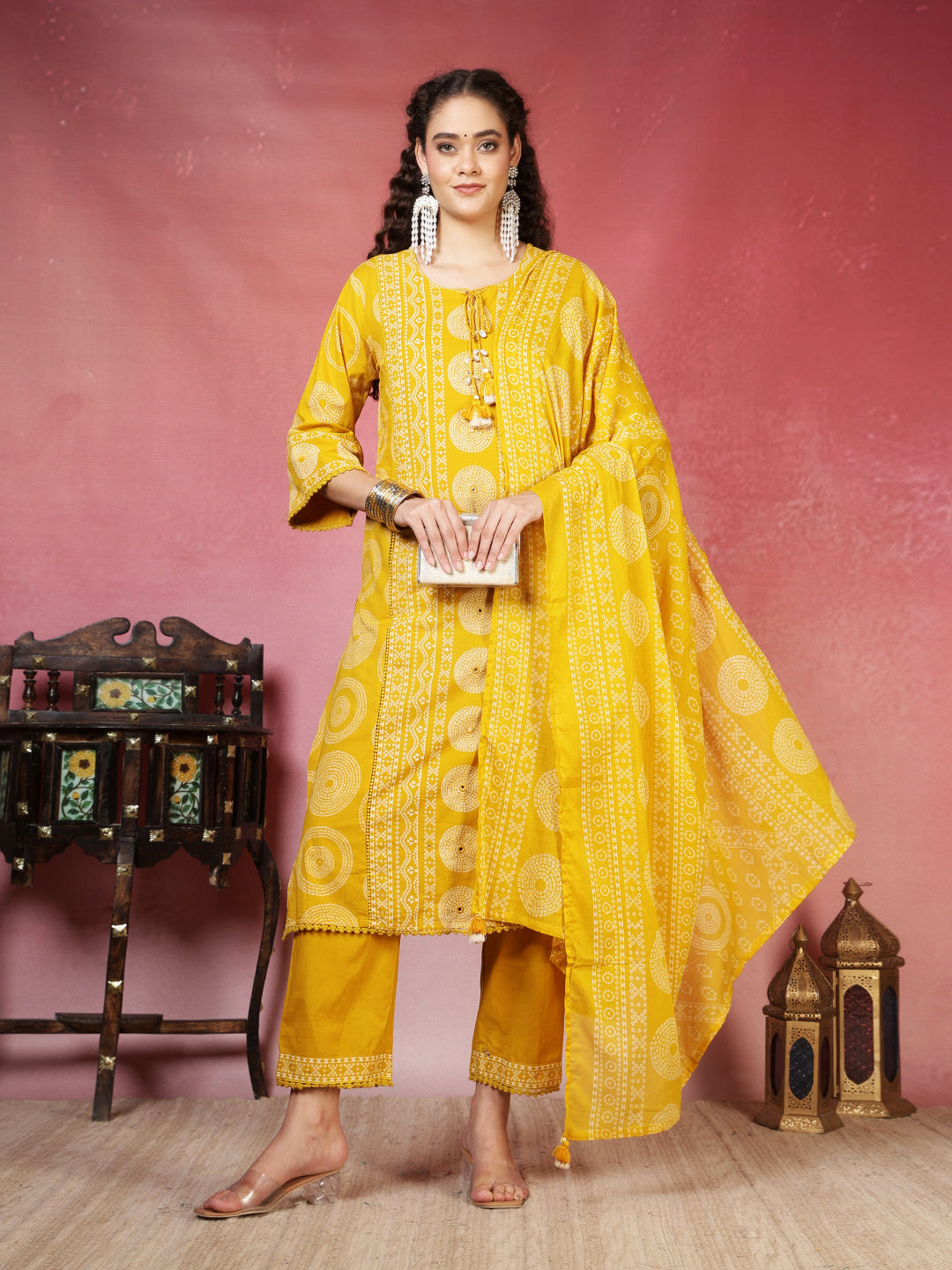 Mustard Cotton Blend Printed Straight Suit Set