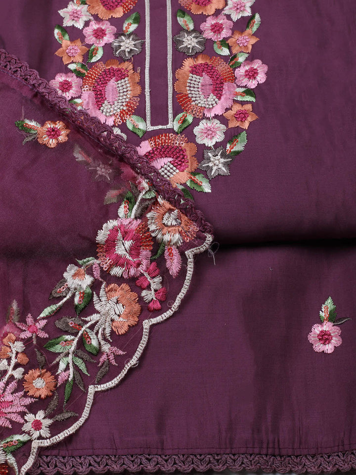 Embroidered Chanderi Unstitched Suit With Pant &amp; Dupatta