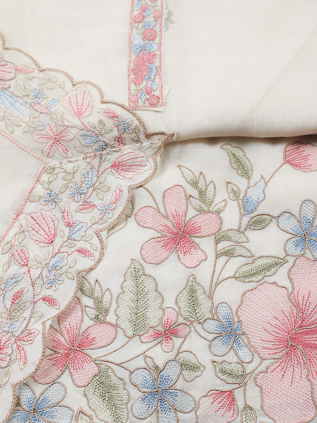 Embroidered Chanderi Unstitched Suit With Pant &amp; Dupatta
