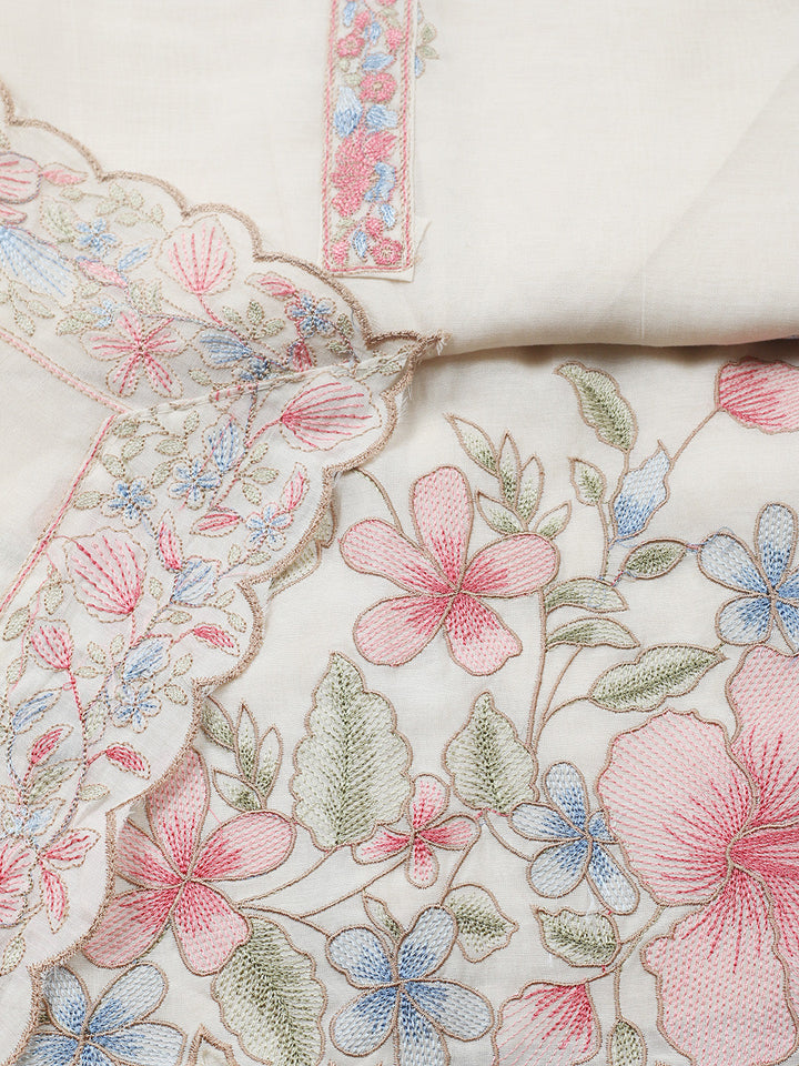 Embroidered Chanderi Unstitched Suit With Pant &amp; Dupatta