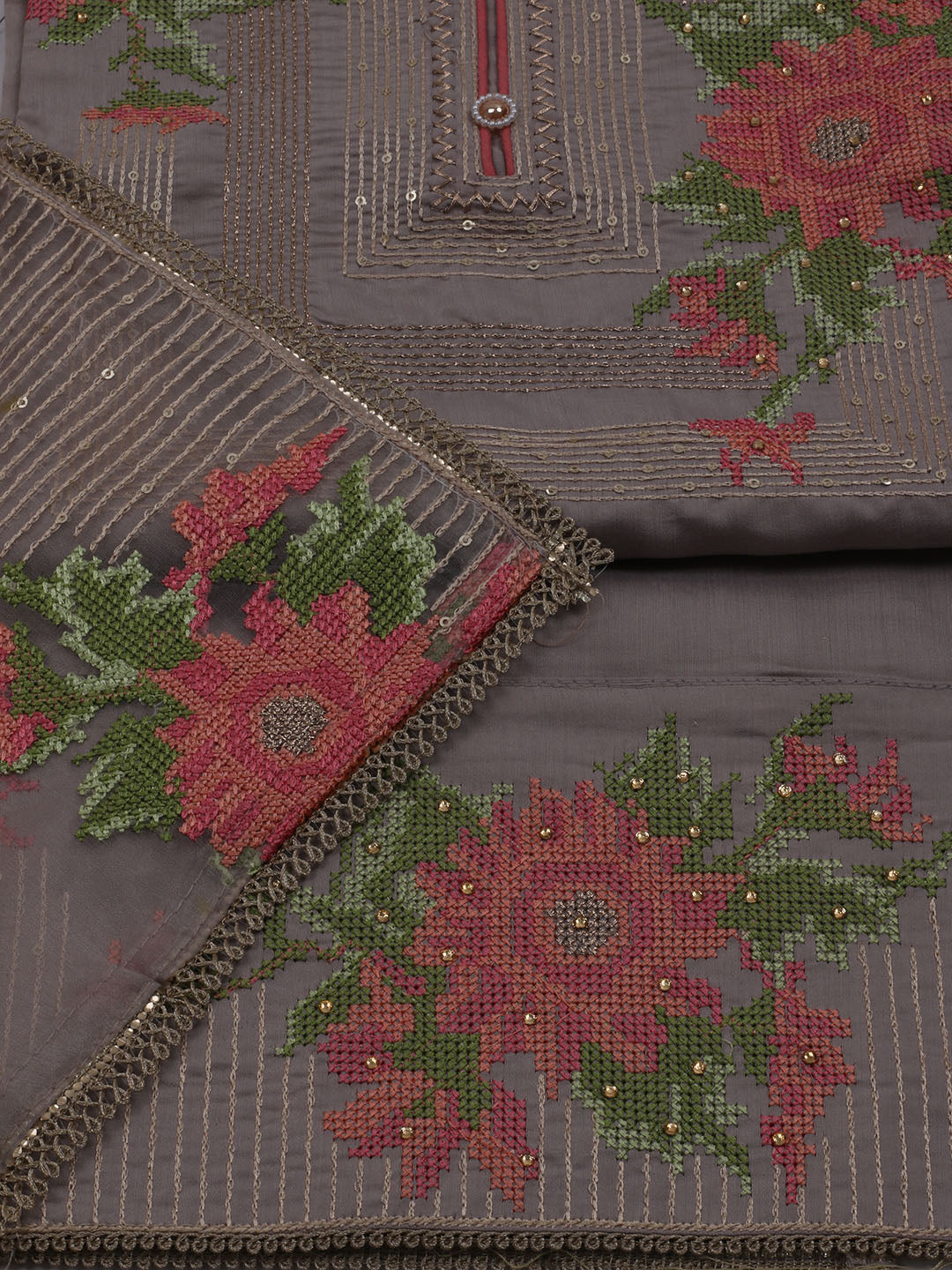 Neck Embroidered Chanderi Unstitched Suit With Dupatta