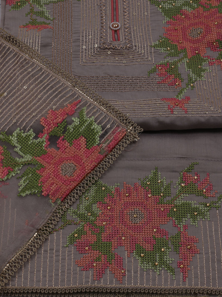 Neck Embroidered Chanderi Unstitched Suit With Dupatta