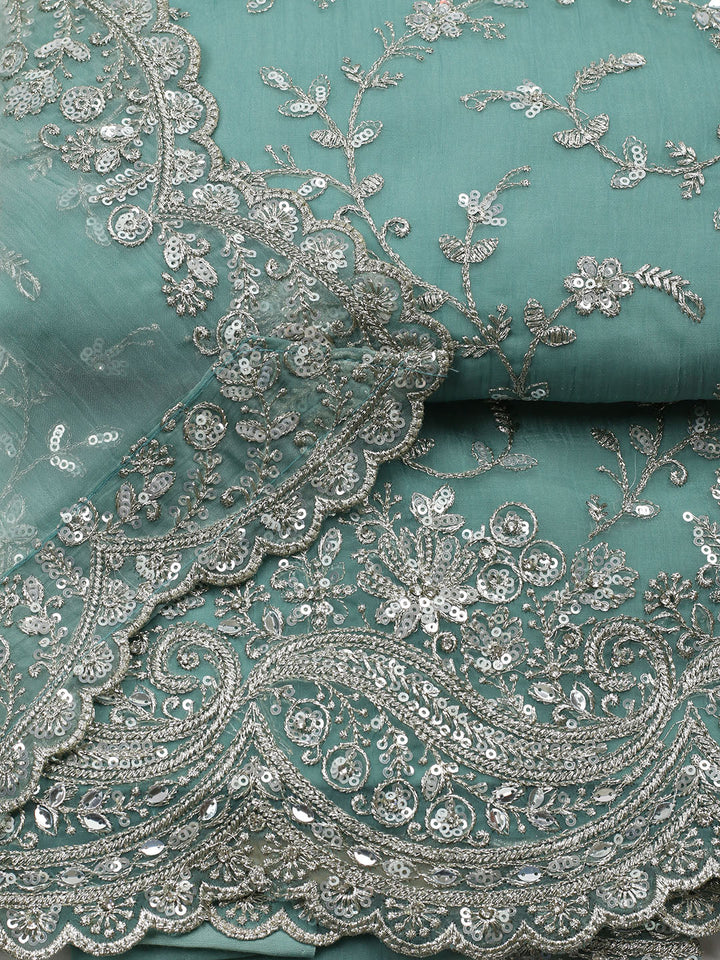 Embroidered Organza Unstitched Suit With Pant &amp; Dupatta