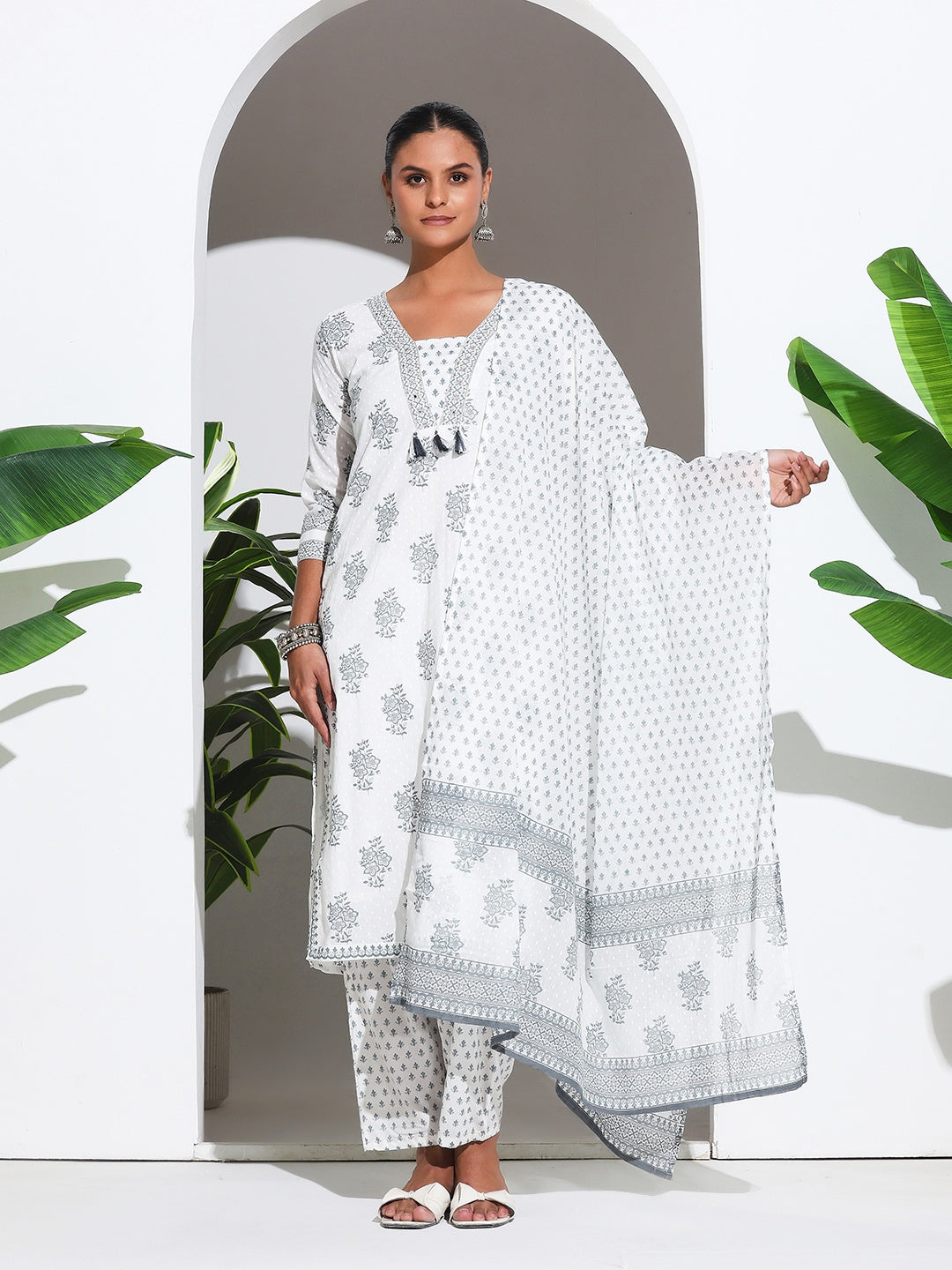 Printed Cotton Blend Kurta With Pant &amp; Dupatta