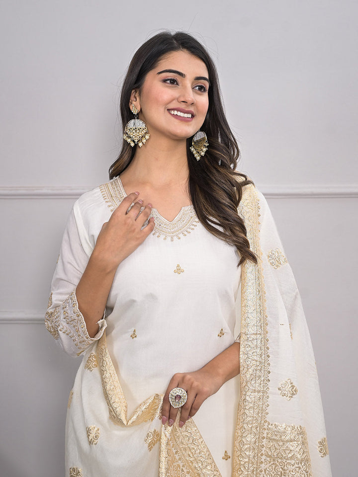 Neck Embroidery Cotton Blend Kurta With Pants &amp; Dupatta