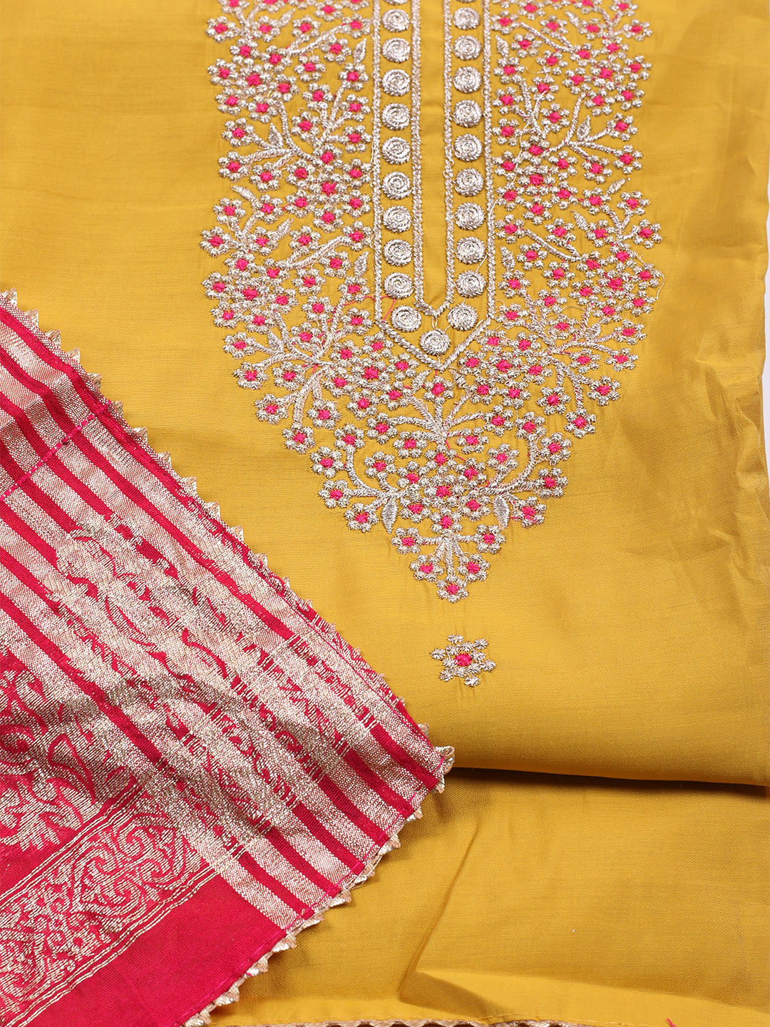Neck Embroidered Chanderi Unstitched Suit With Dupatta