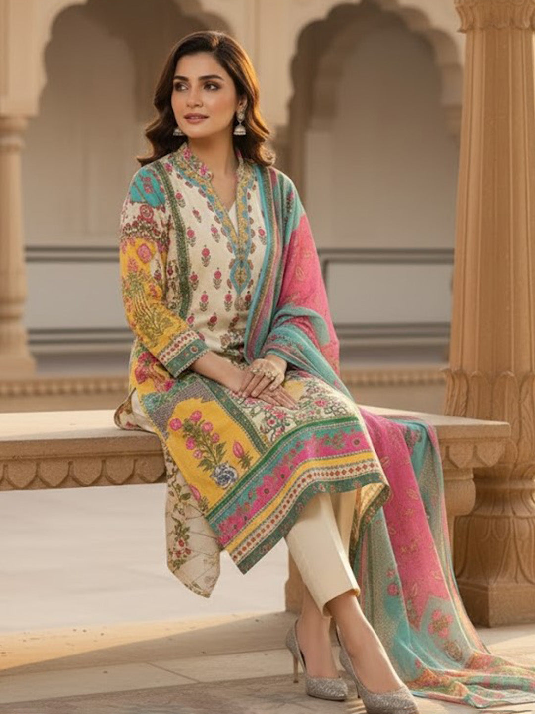 Printed Cotton Kurta With Pant &amp; Dupatta