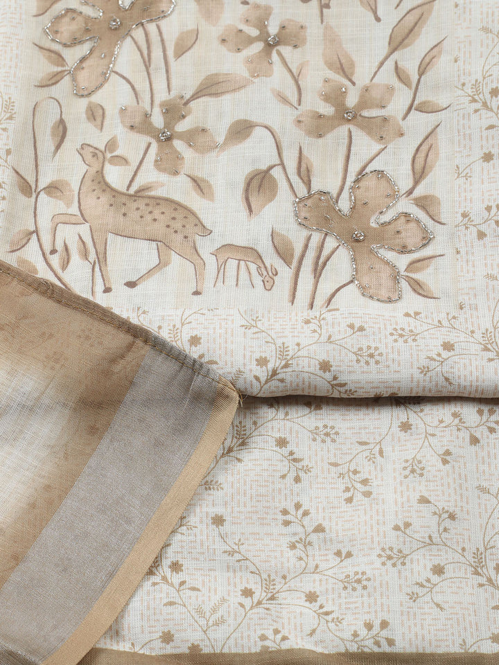 Printed Linen Blend Unstitched Suit With Pant &amp; Dupatta