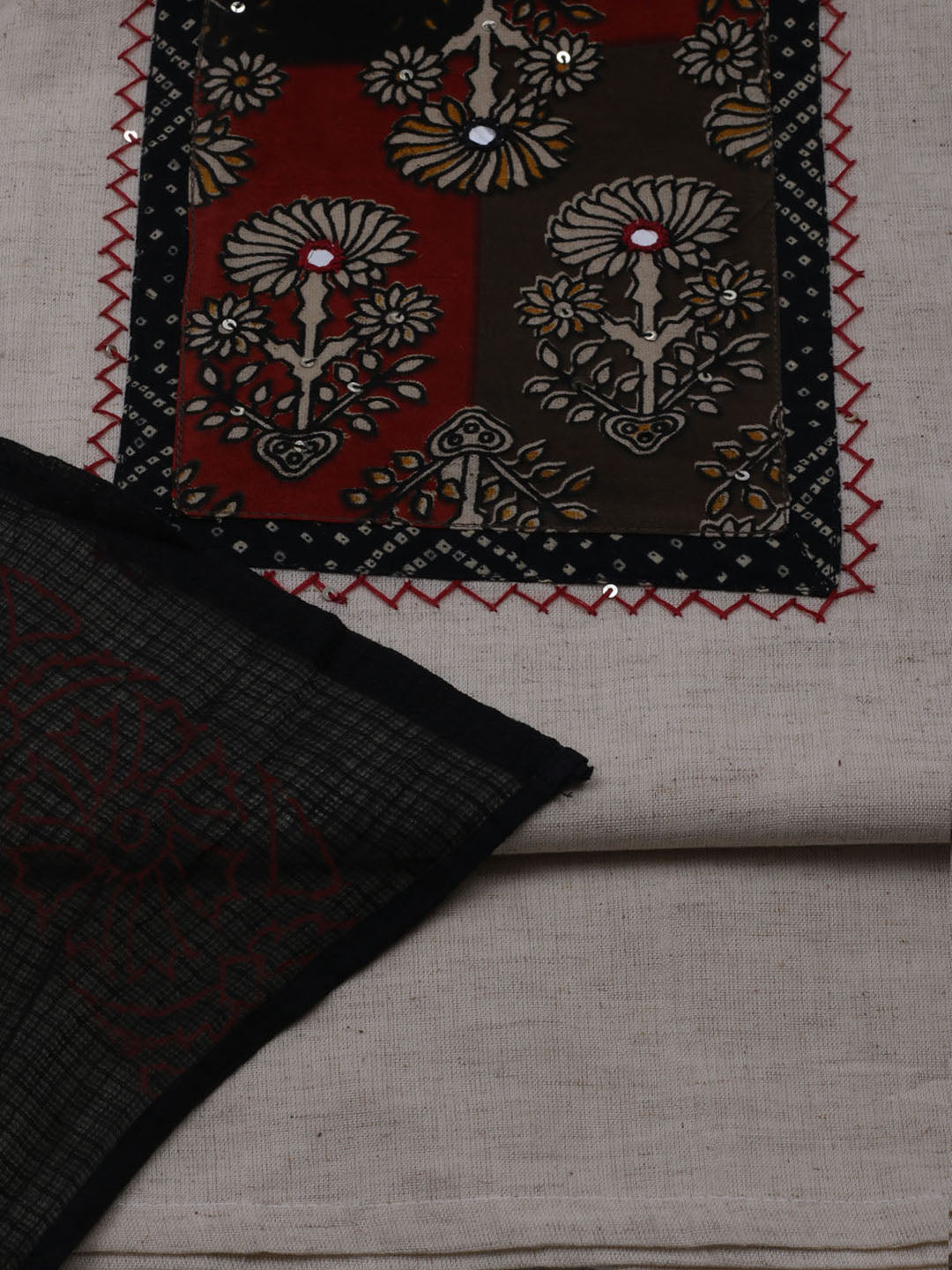 Patch Neck Cotton Blend Unstitched Suit With Dupatta