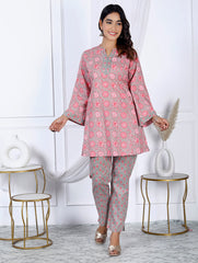 Printed Cotton Blend Kurti With Pants & Dupatta