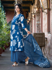 Printed Cotton Blend Kurta With Pants & Dupatta